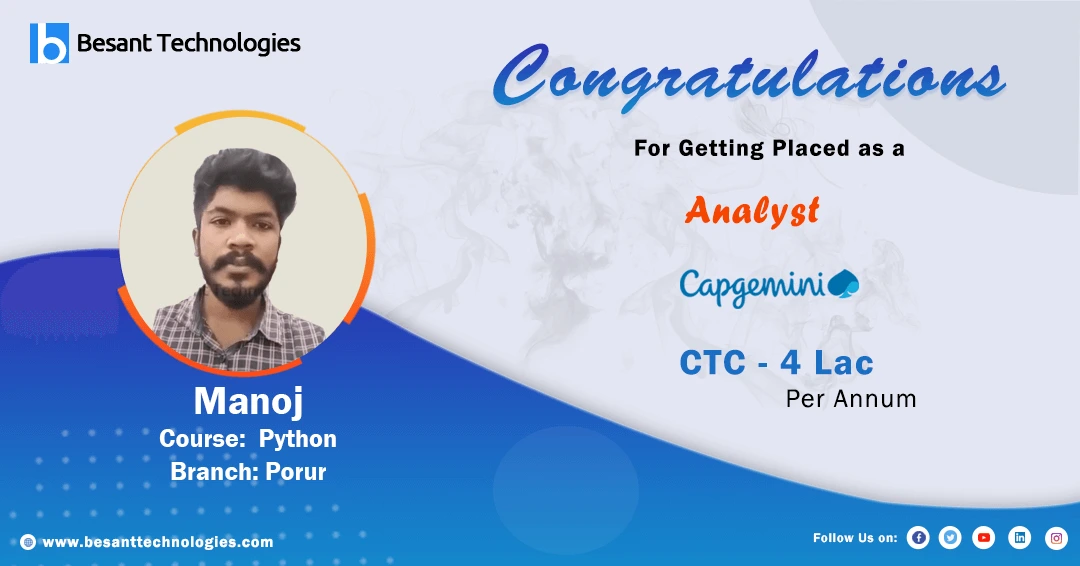 Besant Technologies Porur | Python Course | Manoj Got Placed in Capgemini as Analyst 4LAC