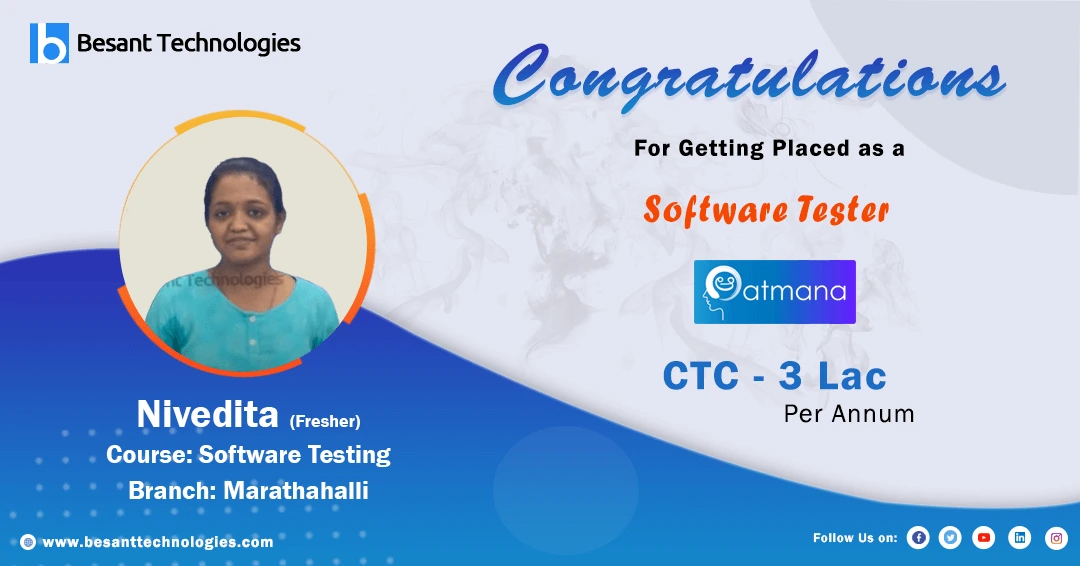 Besant Technologies marathahalli | Fresher Nivedita Got Placed as Software Tester with 3L PA