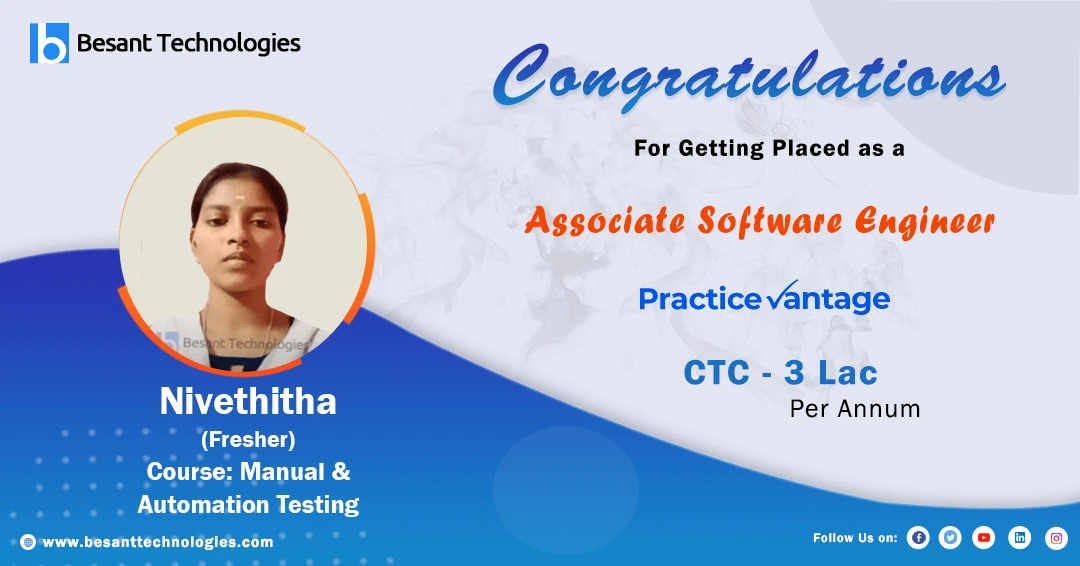 Besant Technologies | Fresher Nivethitha Got Placed in Practice Vantage 3LAC