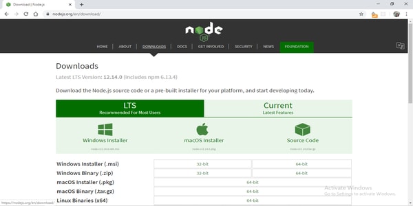 Download the nodejs file